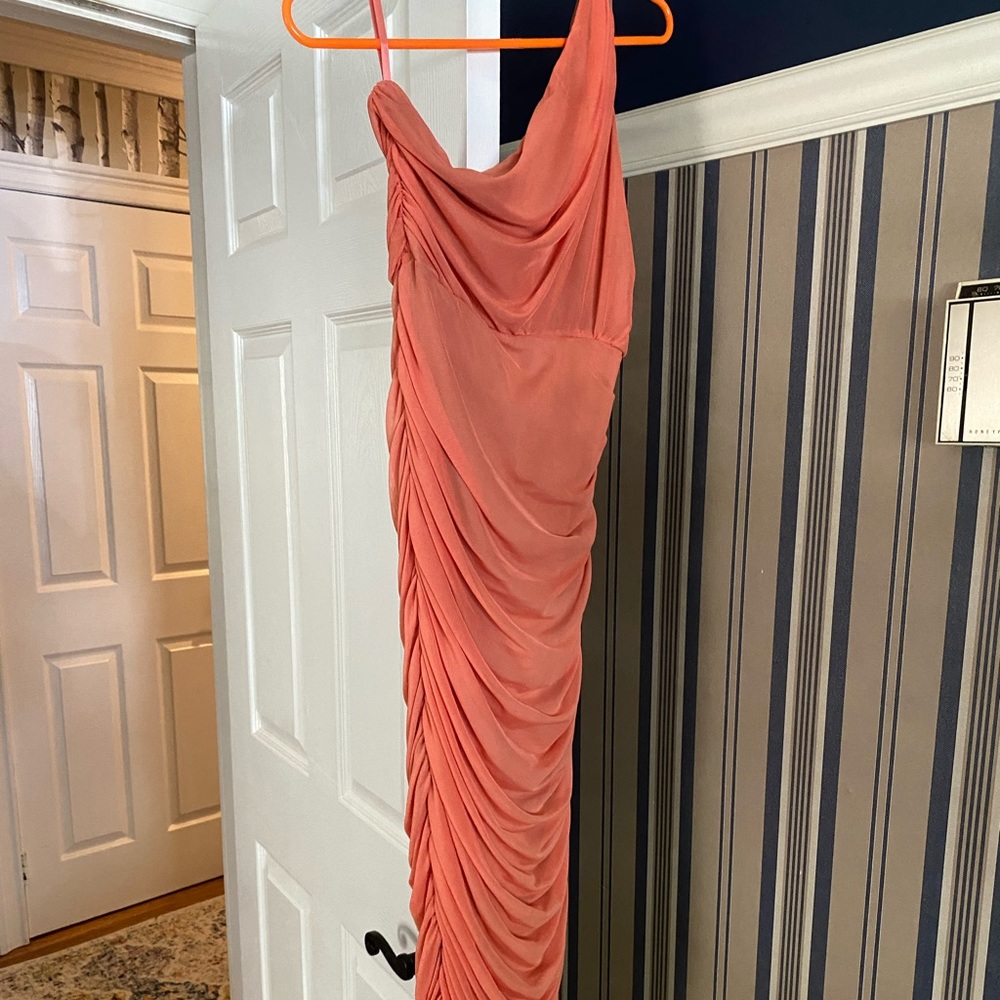 orange ruched midi dress